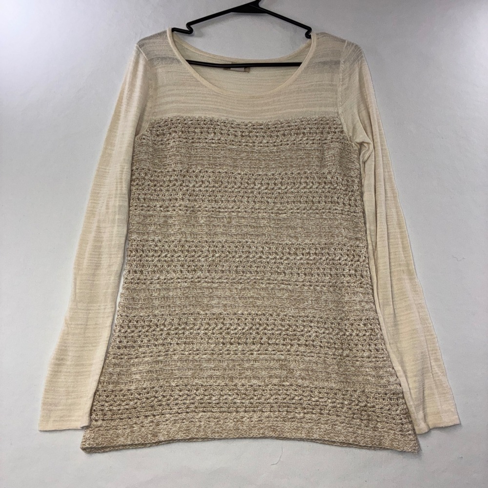 553 Boho Lucky Brand Mixed Knit Sweater M Cream Tan Wool Blend Long Sleeve